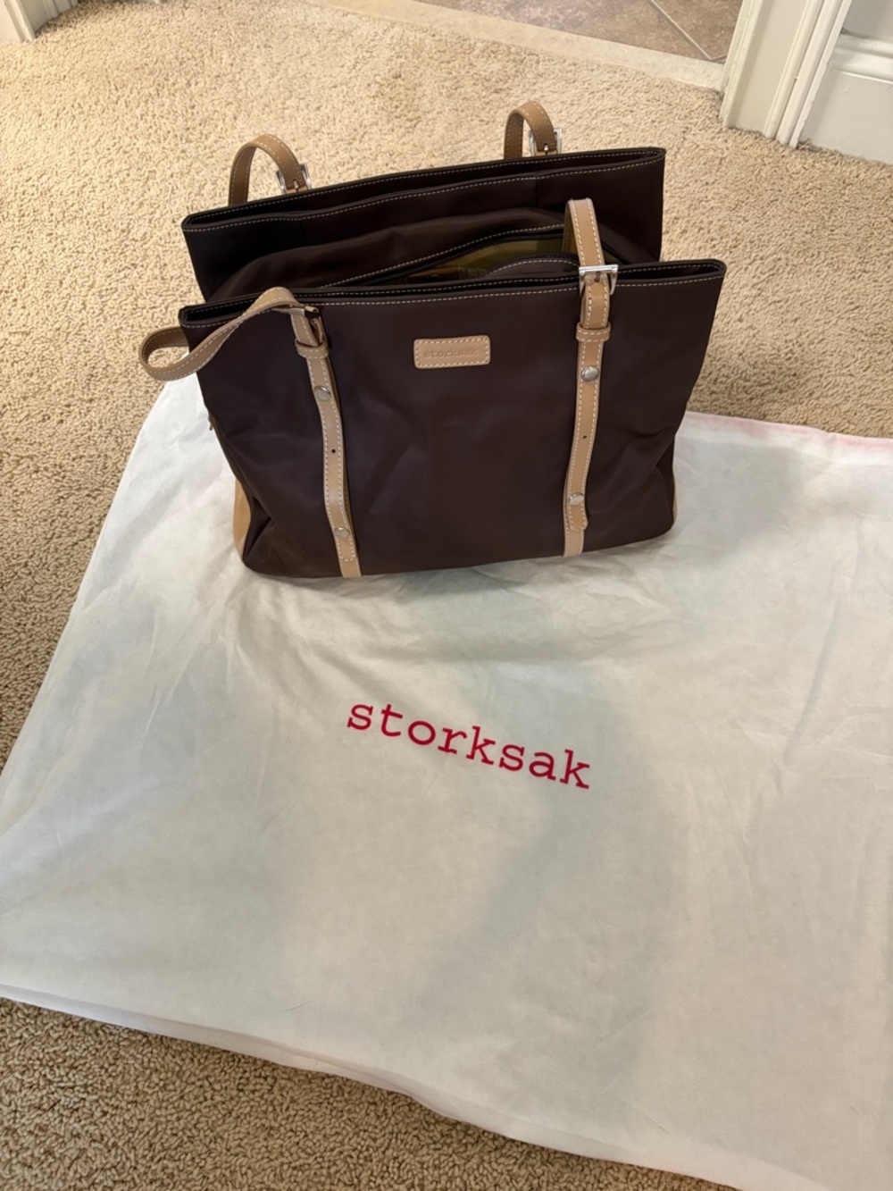 Storksak Dark Brown Nylon Tote with Tan Leather Straps